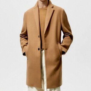 Zara Men’s 4 Way Stretch Camel Coat Sz XL Mid Length Classic Minimalist Refined
